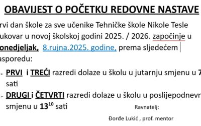 Obavijest o početku redovite nastave